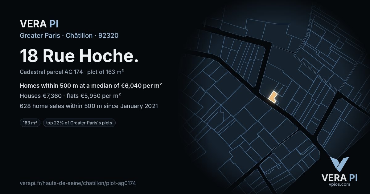 18 Rue Hoche, Châtillon at night – the plot lit, the parcels around coloured by the prices near them