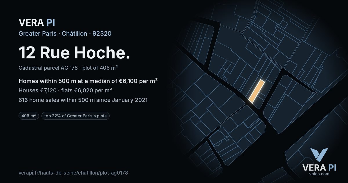 12 Rue Hoche, Châtillon at night – the plot lit, the parcels around coloured by the prices near them