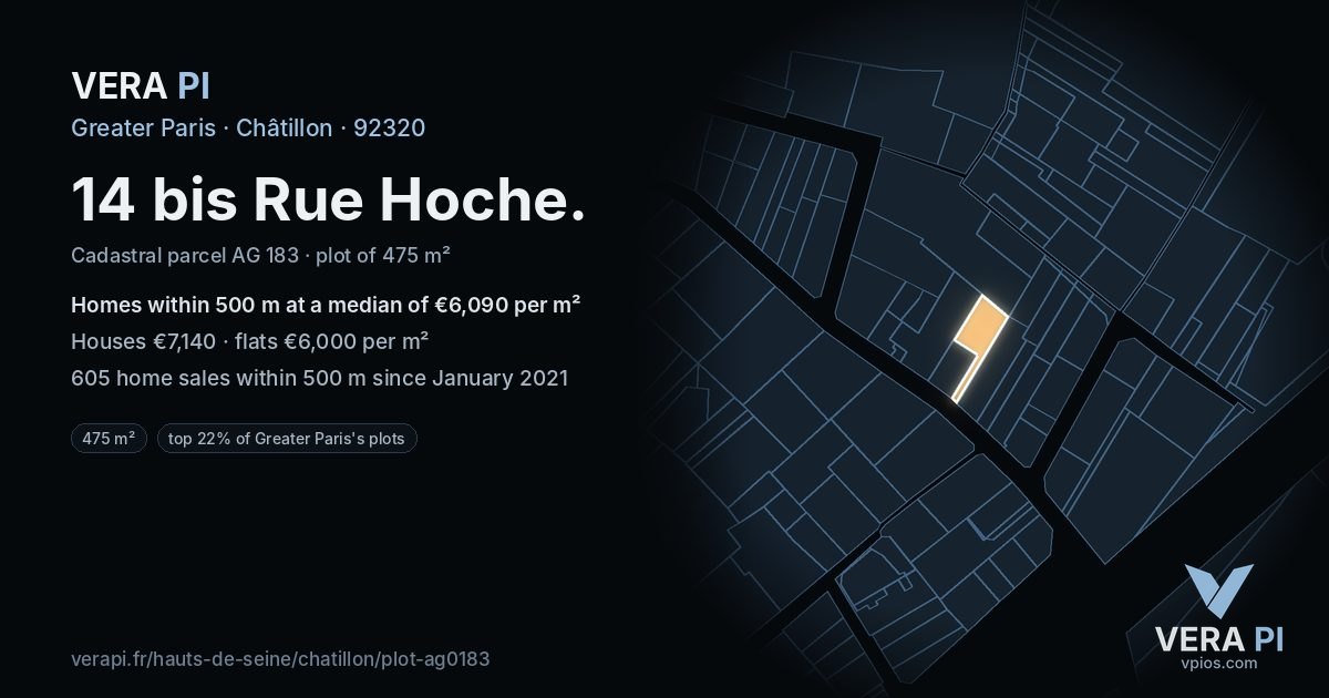14 bis Rue Hoche, Châtillon at night – the plot lit, the parcels around coloured by the prices near them