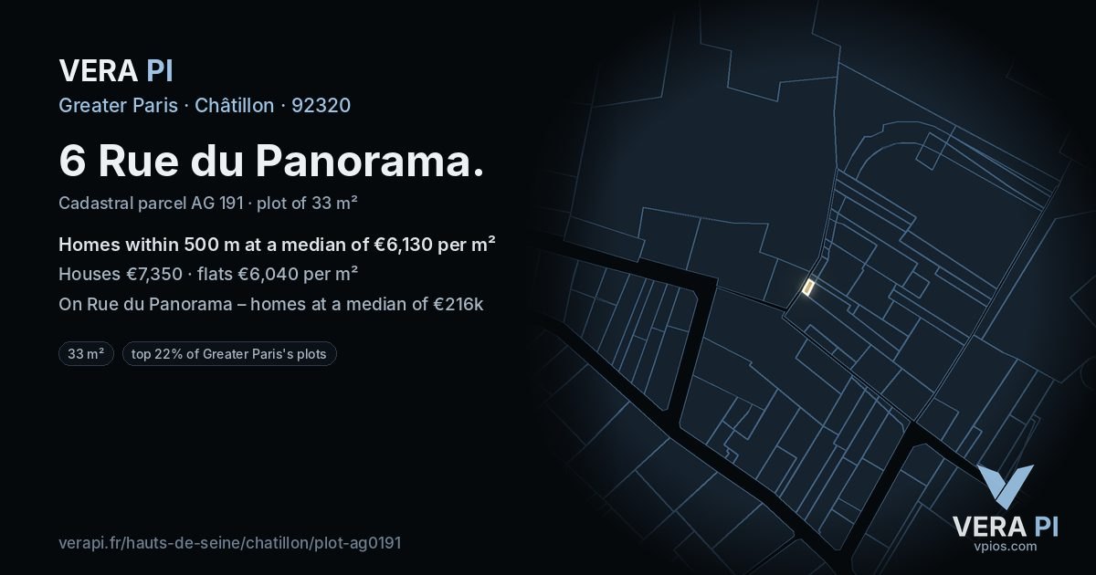 6 Rue du Panorama, Châtillon at night – the plot lit, the parcels around coloured by the prices near them