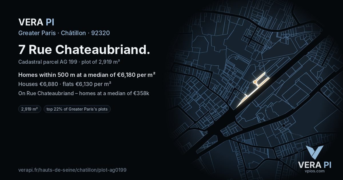 7 Rue Chateaubriand, Châtillon at night – the plot lit, the parcels around coloured by the prices near them