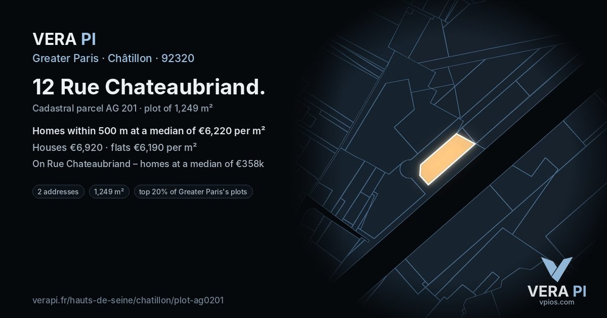 12 Rue Chateaubriand, Châtillon at night – the plot lit, the parcels around coloured by the prices near them