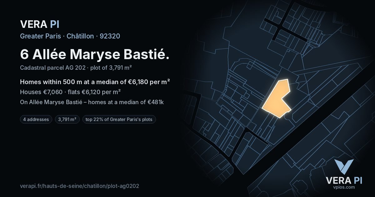 6 Allée Maryse Bastié, Châtillon at night – the plot lit, the parcels around coloured by the prices near them