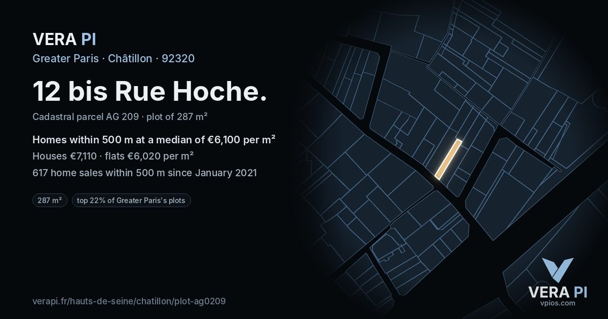 12 bis Rue Hoche, Châtillon at night – the plot lit, the parcels around coloured by the prices near them