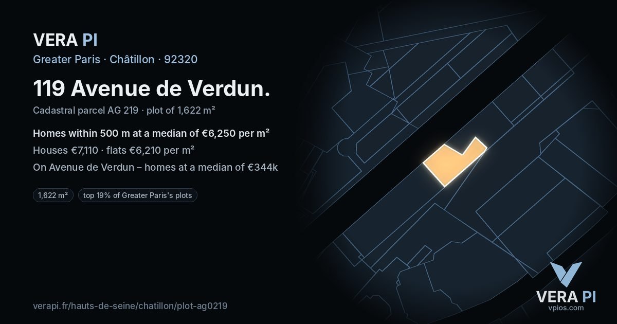 119 Avenue de Verdun, Châtillon at night – the plot lit, the parcels around coloured by the prices near them
