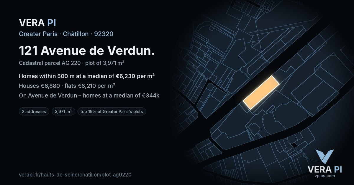 121 Avenue de Verdun, Châtillon at night – the plot lit, the parcels around coloured by the prices near them