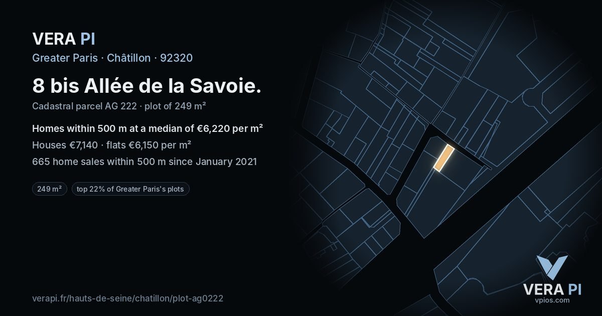 8 bis Allée de la Savoie, Châtillon at night – the plot lit, the parcels around coloured by the prices near them