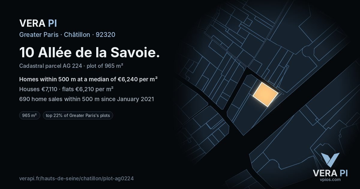 10 Allée de la Savoie, Châtillon at night – the plot lit, the parcels around coloured by the prices near them