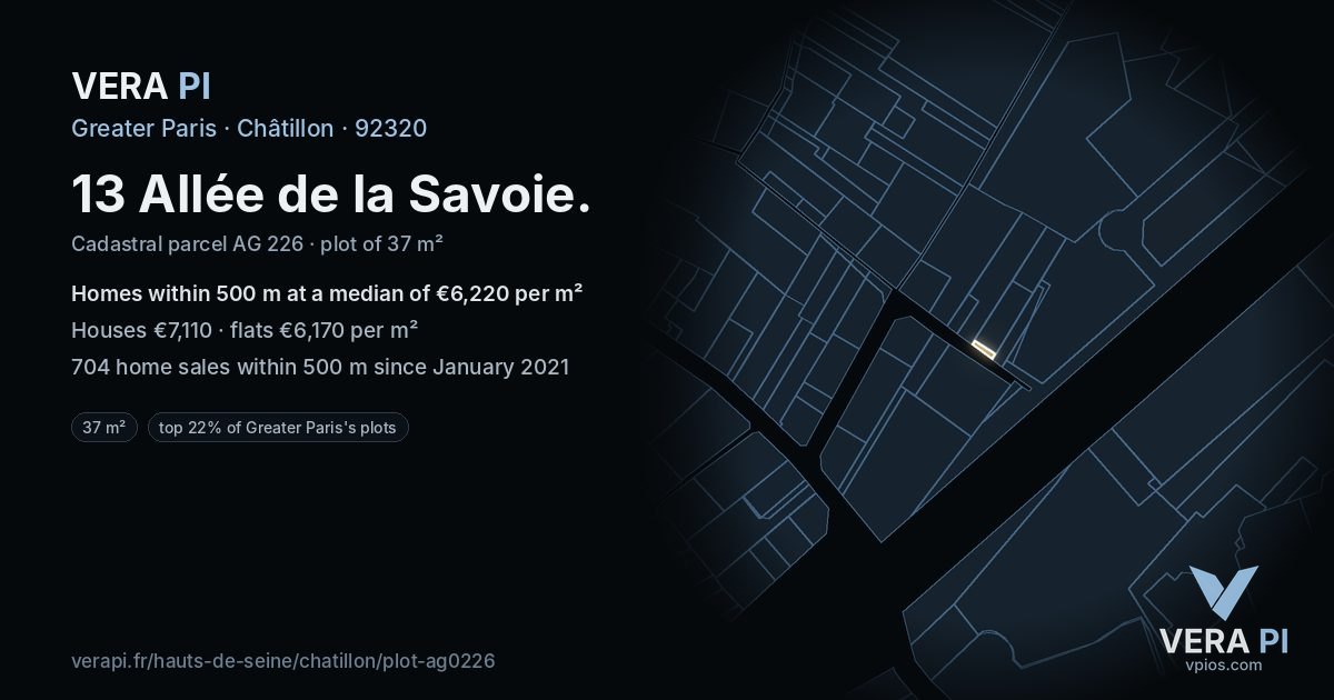 13 Allée de la Savoie, Châtillon at night – the plot lit, the parcels around coloured by the prices near them