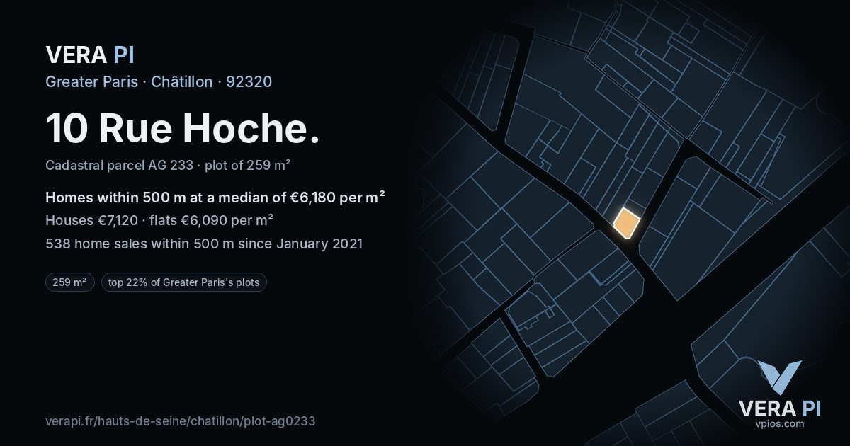 10 Rue Hoche, Châtillon at night – the plot lit, the parcels around coloured by the prices near them