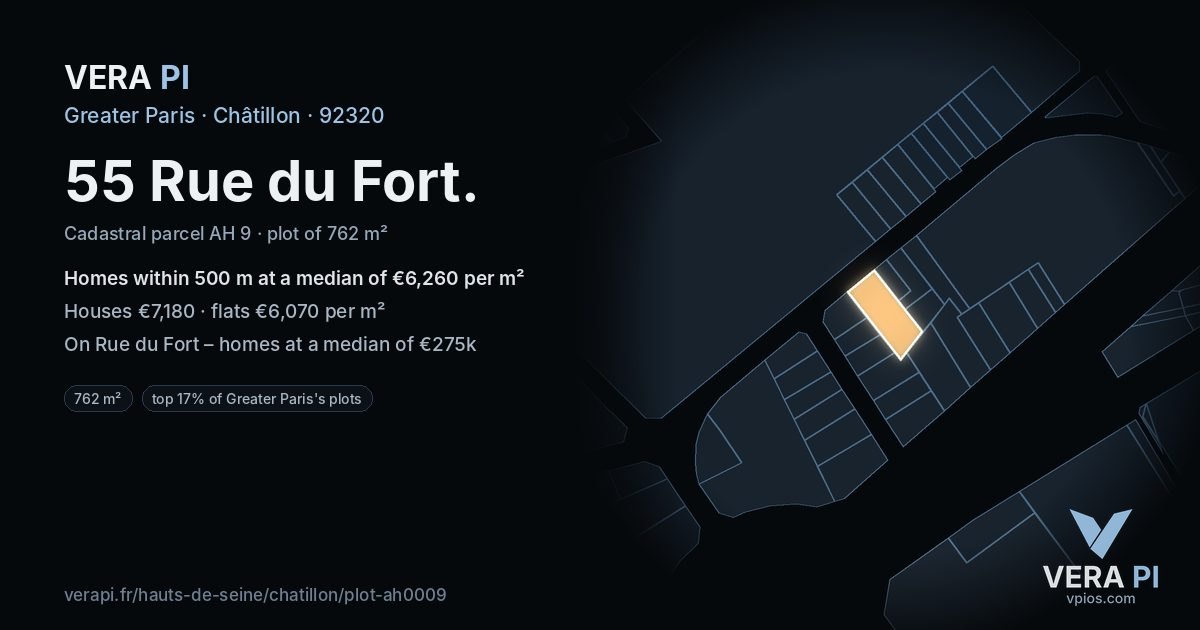 55 Rue du Fort, Châtillon at night – the plot lit, the parcels around coloured by the prices near them