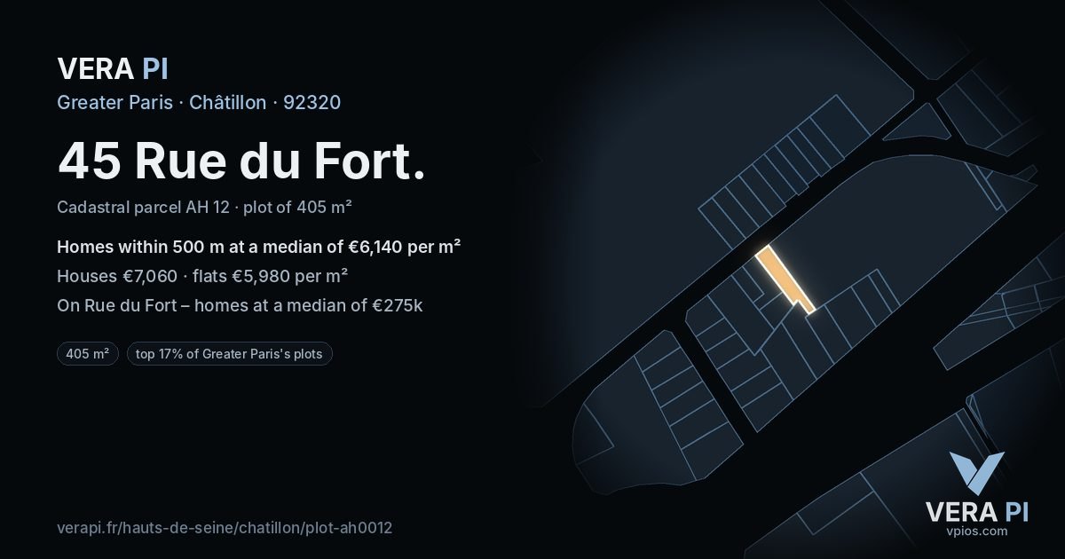 45 Rue du Fort, Châtillon at night – the plot lit, the parcels around coloured by the prices near them