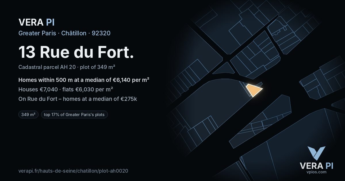 13 Rue du Fort, Châtillon at night – the plot lit, the parcels around coloured by the prices near them