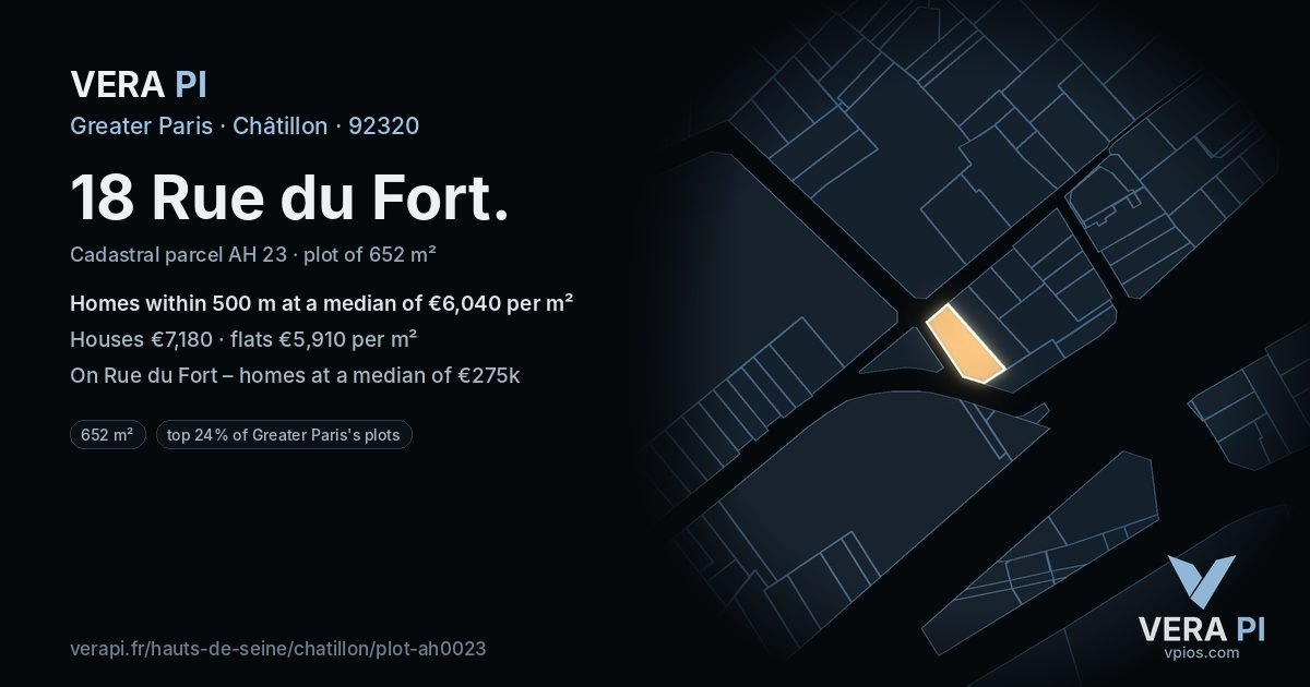 18 Rue du Fort, Châtillon at night – the plot lit, the parcels around coloured by the prices near them