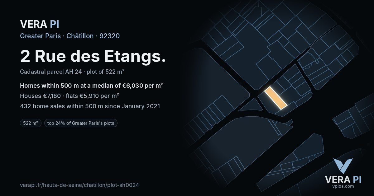 2 Rue des Etangs, Châtillon at night – the plot lit, the parcels around coloured by the prices near them