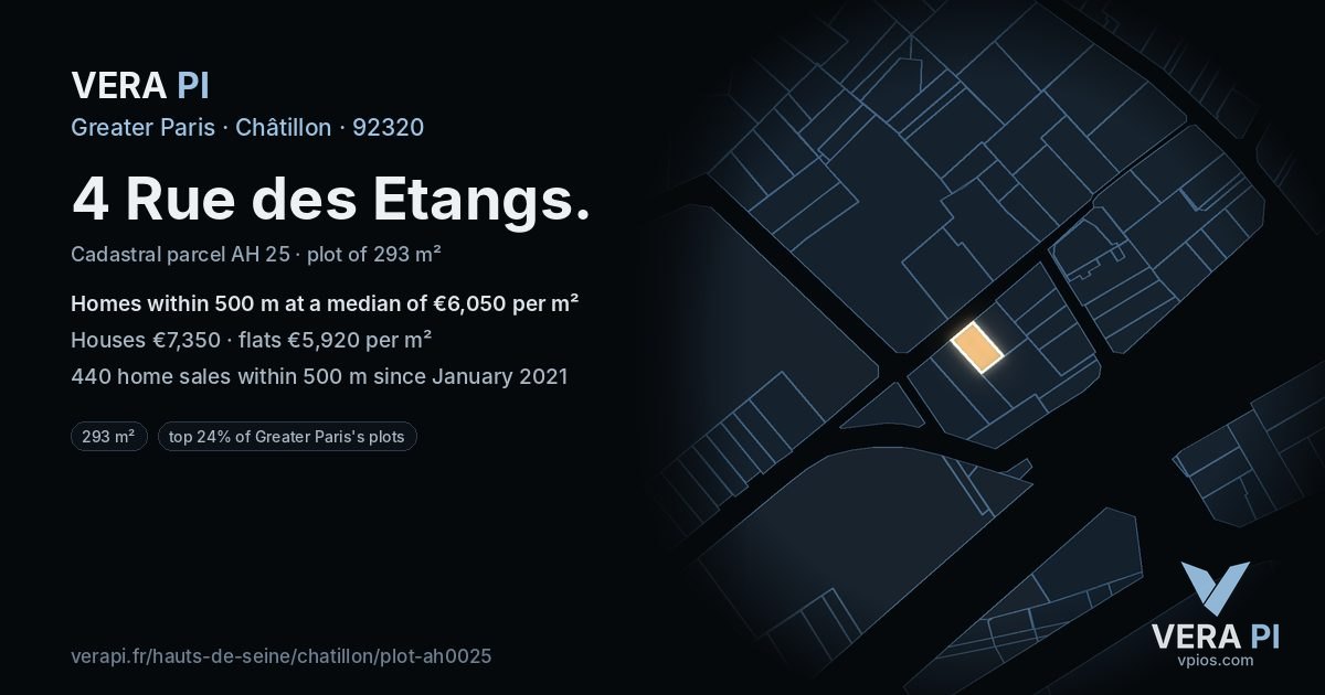 4 Rue des Etangs, Châtillon at night – the plot lit, the parcels around coloured by the prices near them