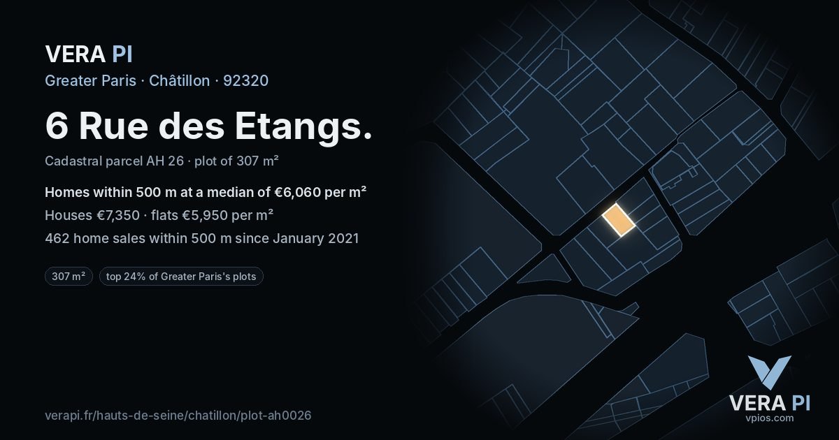 6 Rue des Etangs, Châtillon at night – the plot lit, the parcels around coloured by the prices near them