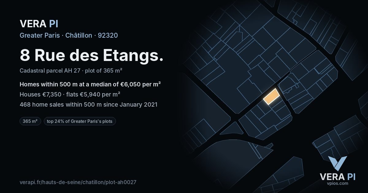 8 Rue des Etangs, Châtillon at night – the plot lit, the parcels around coloured by the prices near them