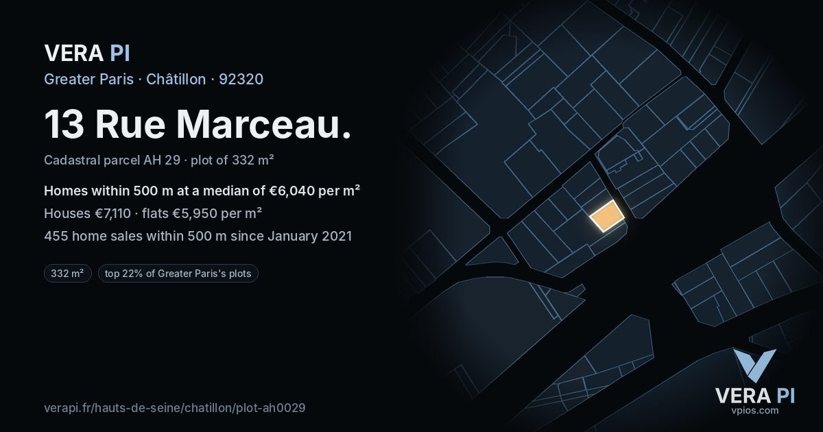 13 Rue Marceau, Châtillon at night – the plot lit, the parcels around coloured by the prices near them