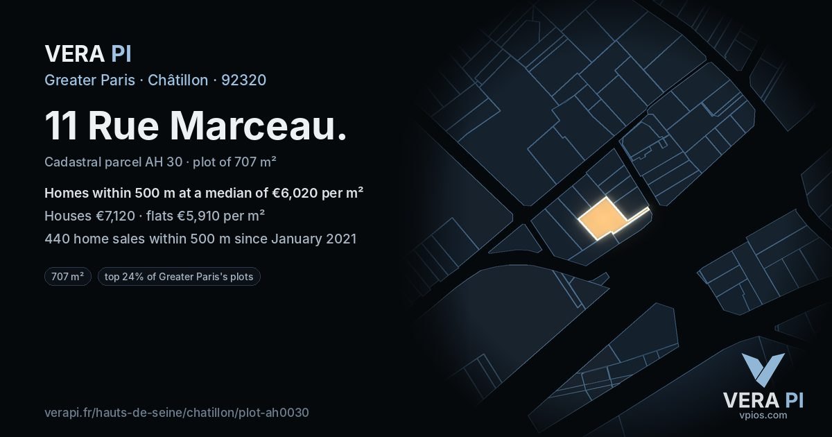 11 Rue Marceau, Châtillon at night – the plot lit, the parcels around coloured by the prices near them