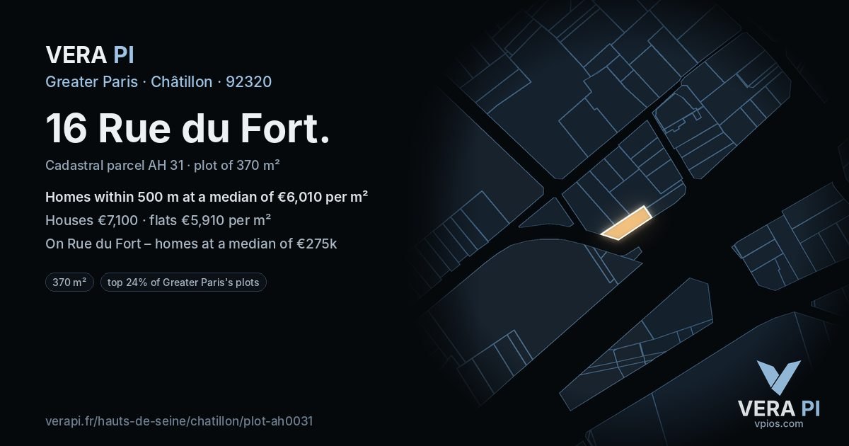 16 Rue du Fort, Châtillon at night – the plot lit, the parcels around coloured by the prices near them