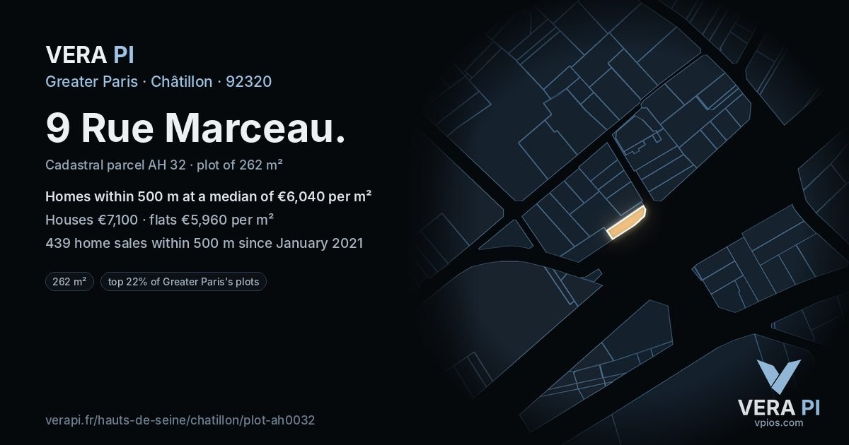 9 Rue Marceau, Châtillon at night – the plot lit, the parcels around coloured by the prices near them