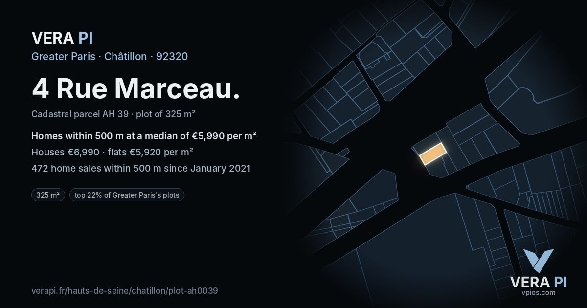 4 Rue Marceau, Châtillon at night – the plot lit, the parcels around coloured by the prices near them