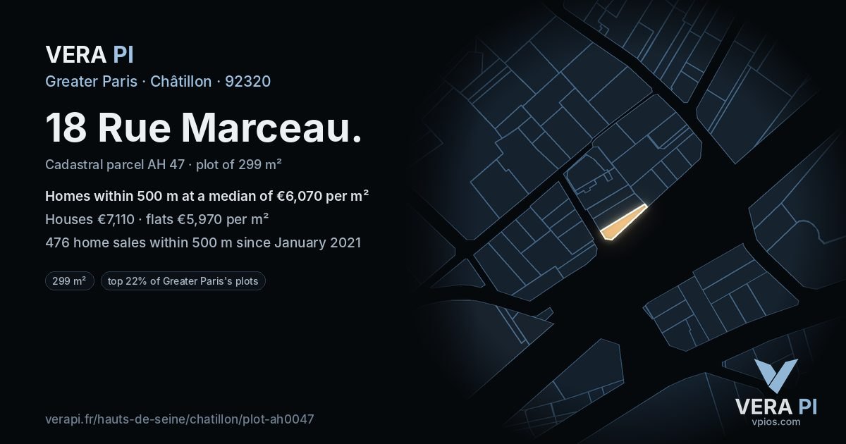 18 Rue Marceau, Châtillon at night – the plot lit, the parcels around coloured by the prices near them