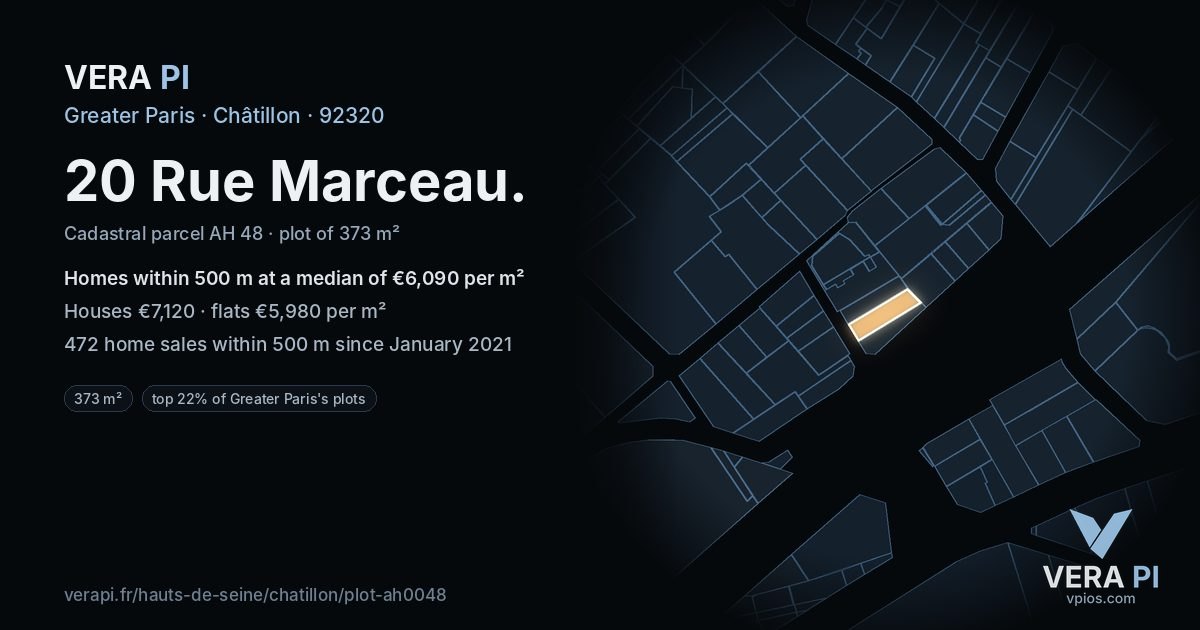 20 Rue Marceau, Châtillon at night – the plot lit, the parcels around coloured by the prices near them