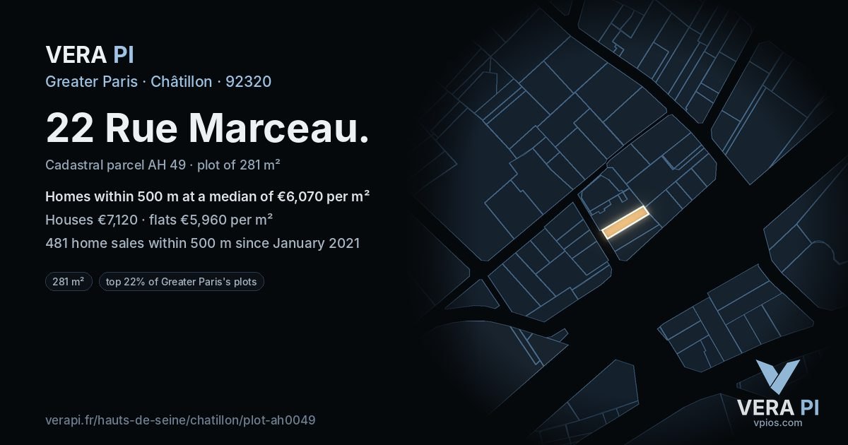 22 Rue Marceau, Châtillon at night – the plot lit, the parcels around coloured by the prices near them