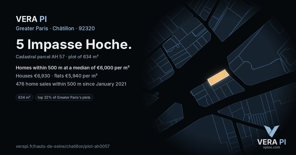 5 Impasse Hoche, Châtillon at night – the plot lit, the parcels around coloured by the prices near them