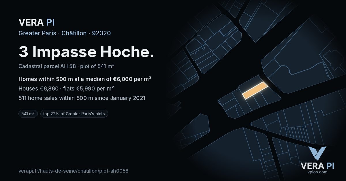 3 Impasse Hoche, Châtillon at night – the plot lit, the parcels around coloured by the prices near them