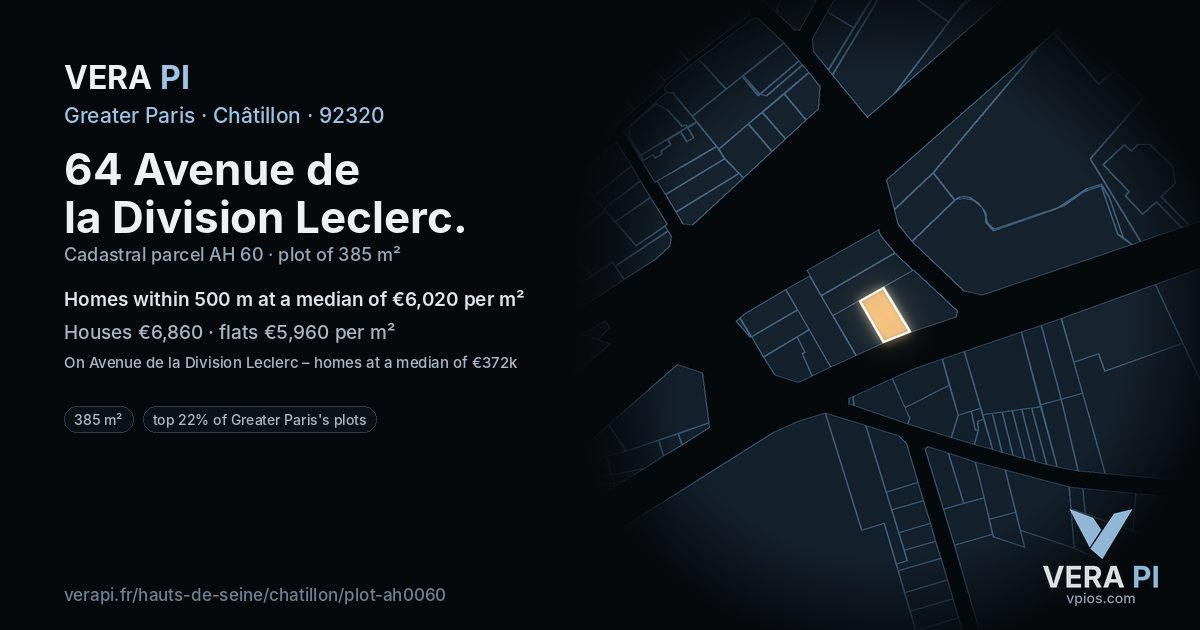 64 Avenue de la Division Leclerc, Châtillon at night – the plot lit, the parcels around coloured by the prices near them