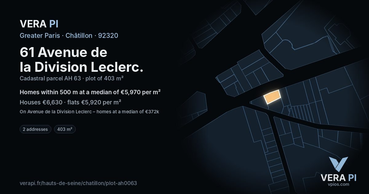 61 Avenue de la Division Leclerc, Châtillon at night – the plot lit, the parcels around coloured by the prices near them