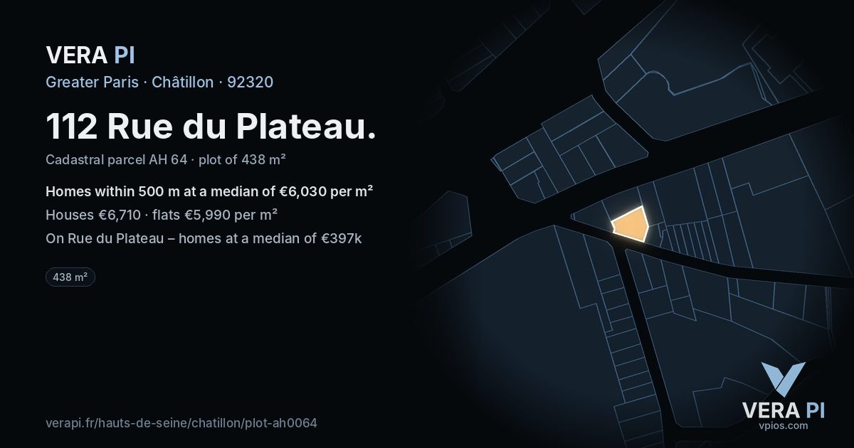 112 Rue du Plateau, Châtillon at night – the plot lit, the parcels around coloured by the prices near them