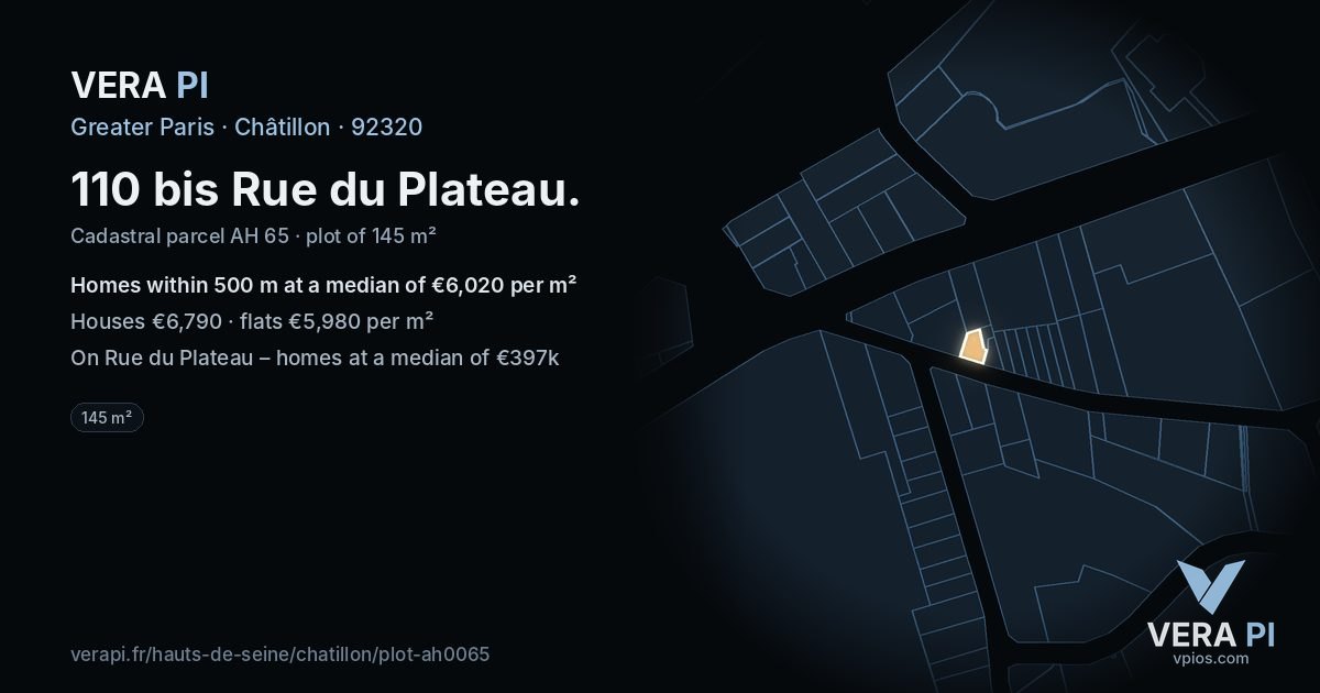 110 bis Rue du Plateau, Châtillon at night – the plot lit, the parcels around coloured by the prices near them