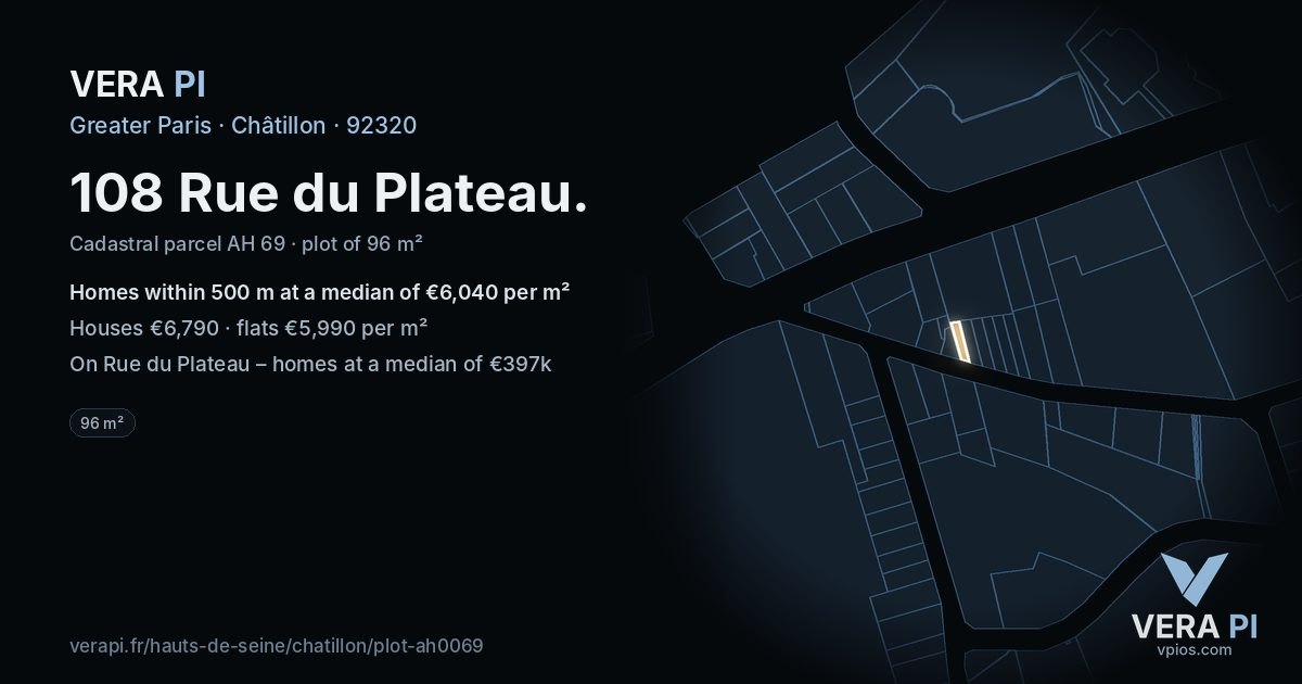 108 Rue du Plateau, Châtillon at night – the plot lit, the parcels around coloured by the prices near them