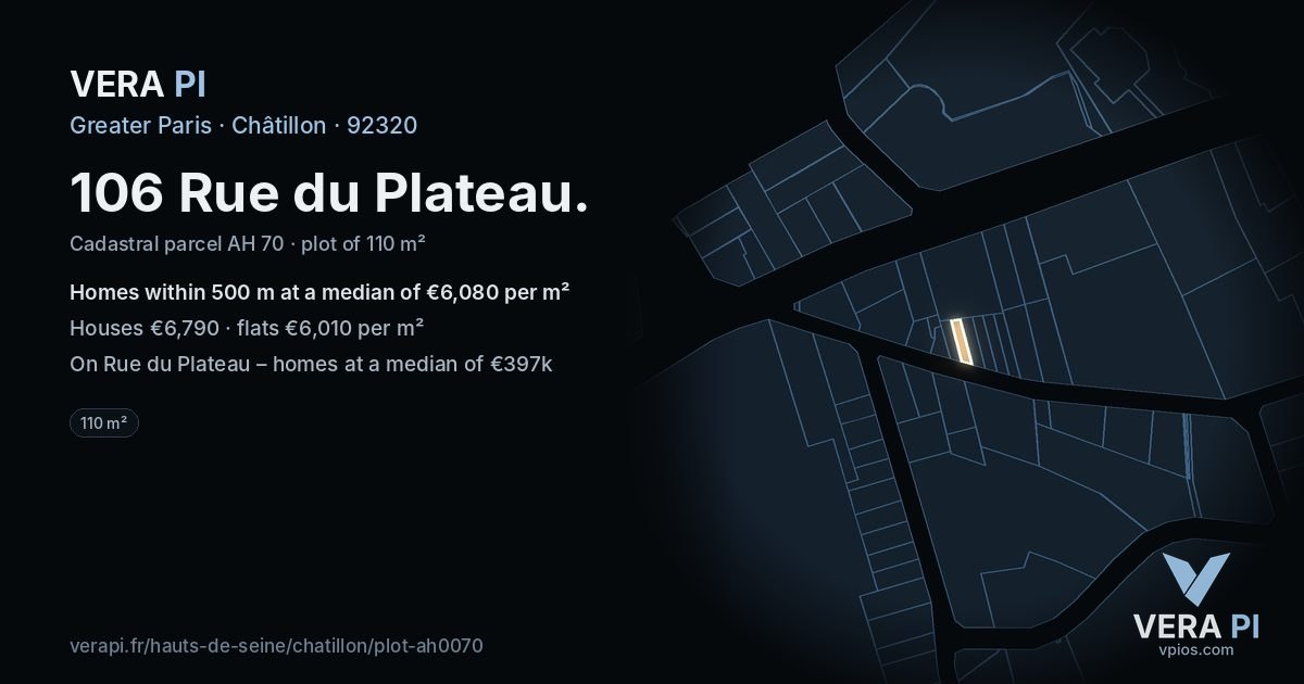 106 Rue du Plateau, Châtillon at night – the plot lit, the parcels around coloured by the prices near them