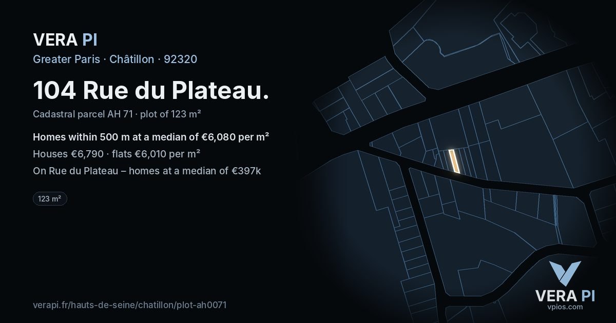 104 Rue du Plateau, Châtillon at night – the plot lit, the parcels around coloured by the prices near them
