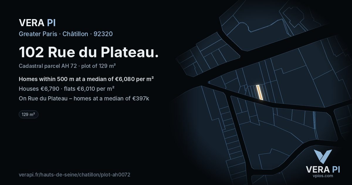102 Rue du Plateau, Châtillon at night – the plot lit, the parcels around coloured by the prices near them