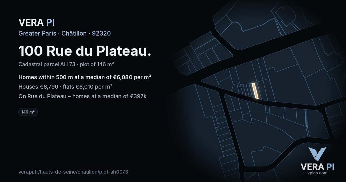 100 Rue du Plateau, Châtillon at night – the plot lit, the parcels around coloured by the prices near them