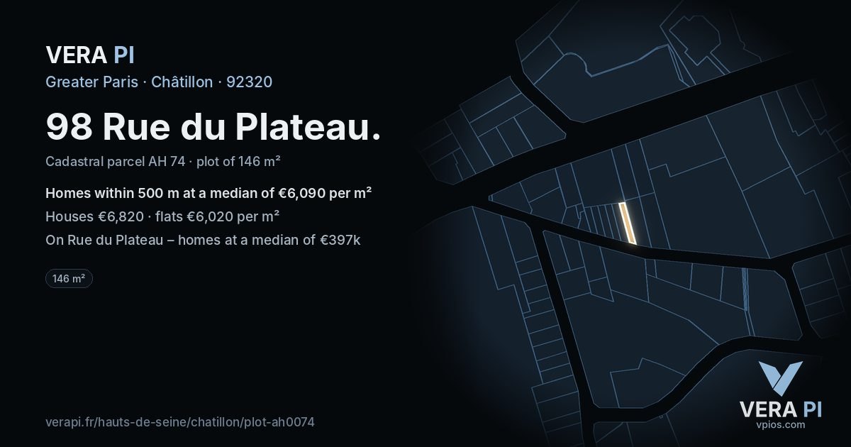 98 Rue du Plateau, Châtillon at night – the plot lit, the parcels around coloured by the prices near them