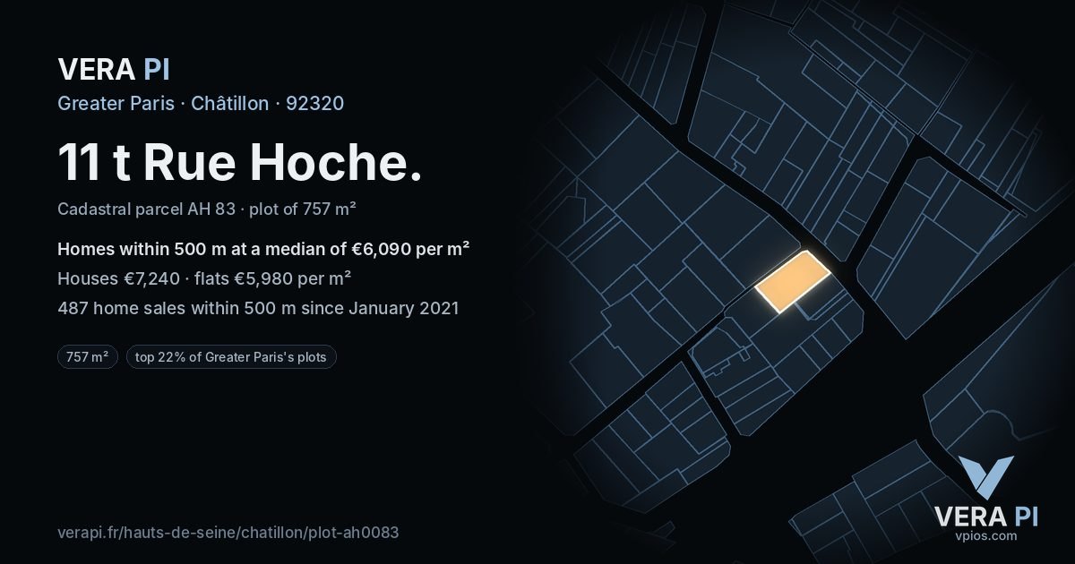 11 t Rue Hoche, Châtillon at night – the plot lit, the parcels around coloured by the prices near them