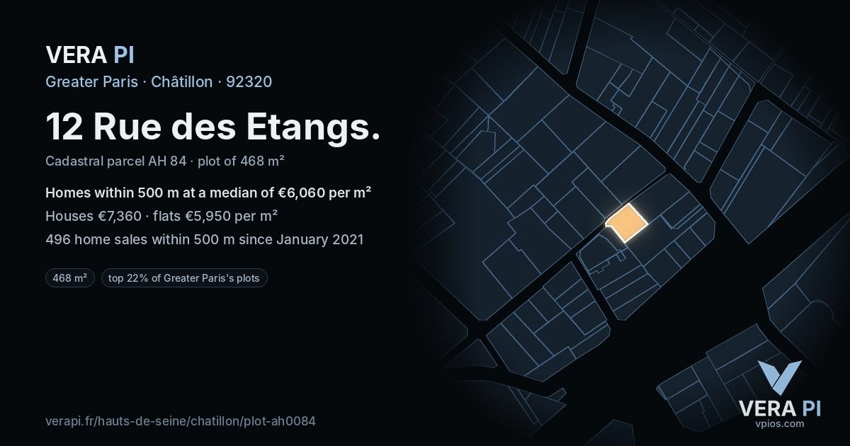 12 Rue des Etangs, Châtillon at night – the plot lit, the parcels around coloured by the prices near them