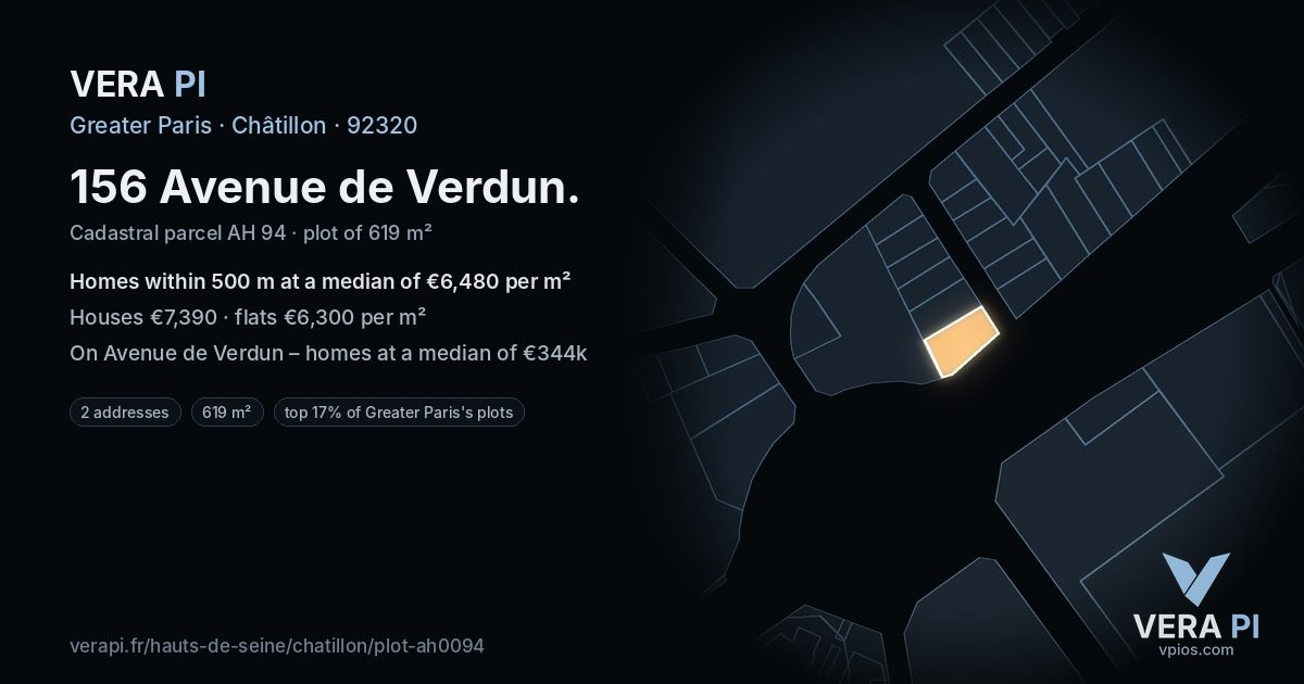 156 Avenue de Verdun, Châtillon at night – the plot lit, the parcels around coloured by the prices near them