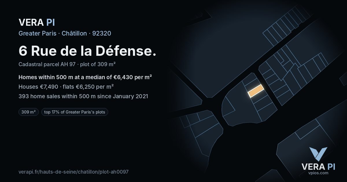 6 Rue de la Défense, Châtillon at night – the plot lit, the parcels around coloured by the prices near them