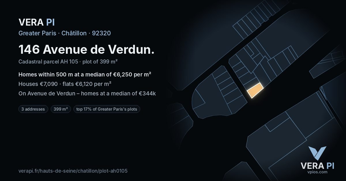 146 Avenue de Verdun, Châtillon at night – the plot lit, the parcels around coloured by the prices near them