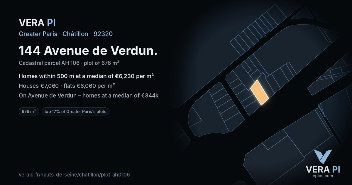 144 Avenue de Verdun, Châtillon at night – the plot lit, the parcels around coloured by the prices near them