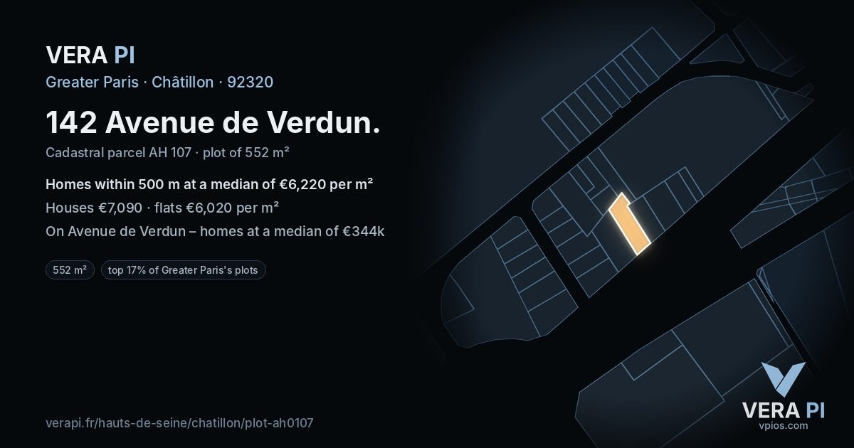 142 Avenue de Verdun, Châtillon at night – the plot lit, the parcels around coloured by the prices near them