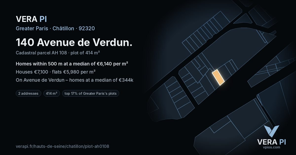 140 Avenue de Verdun, Châtillon at night – the plot lit, the parcels around coloured by the prices near them
